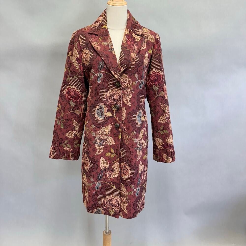 CAbi burgundy Jacobean burgundy floral jacquard tapestry long jacket Size 14‎